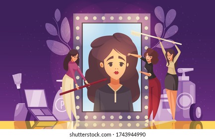 Makeup beautician stylist composition with doodle female characters with brushes and portrait of woman in mirror vector illustration