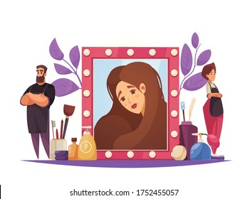 Makeup beautician stylist composition with female character in mirror frame with doodle workers and cosmetic products vector illustration