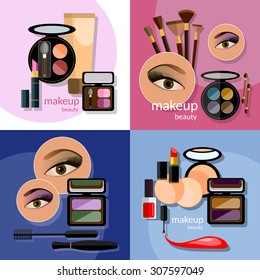 Makeup beautiful female eye eyeshadow eyelashes lip liner lipstick mascara professional cosmetics glamorous make-up vector icons 