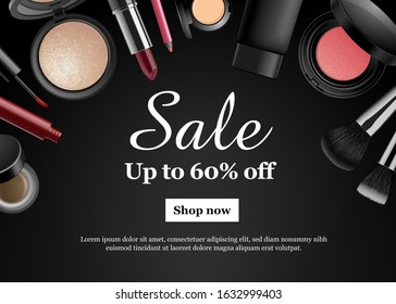 Makeup beauty banner. Dark background with cosmetic products and text field. Clearance sale poster template for online shop, salon or print. Luxury advertising design. Vector 3D illustration. 