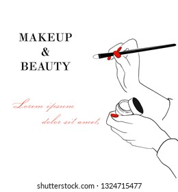 Makeup and beauty banner. Women's hand with makeup concealer cream tube and makeup face brush. Hand draw illustration hand with cosmetical accessories and red nails. Vector fashion and makeup design