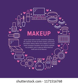 Makeup beauty care circle poster with flat line icons. Cosmetics illustrations of lipstick, mascara, powder, eyeshadows, nail polish, shampoo. Cute brochure with thin signs for make up store.