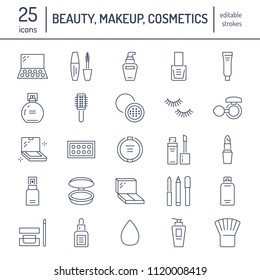 Makeup beauty care flat line icons. Cosmetics illustrations of lipstick, mascara, powder, eyeshadows, cushion foundation, nail polish, hair brush shampoo. Thin signs for make up store Editable Strokes