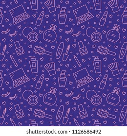 Makeup beauty care purple pink seamless pattern with flat line icons. Cosmetics illustrations of lipstick, mascara, perfume, eyeshadows, nail polish. Cute repeated wallpaper signs make up store.