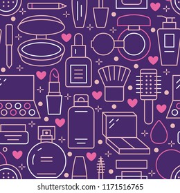Makeup beauty care purple pink seamless pattern with flat line icons. Cosmetics illustrations of lipstick, mascara, eyeshadows, foundation nail polish. Cute repeated wallpaper signs make up store.