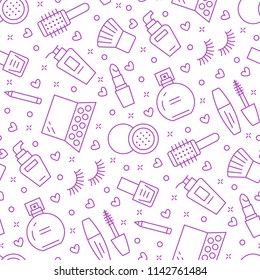 Makeup beauty care purple seamless pattern with flat line icons. Cosmetics illustrations of lipstick, mascara, perfume, eyeshadows, nail polish. Cute repeated background wallpaper signs make up store.