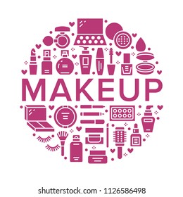 Makeup beauty care red circle poster concept glyph icons. Cosmetics illustrations of lipstick, mascara, powder, eyeshadows, foundation, nail polish, shampoo. Cute brochure with signs for make up store