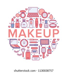Makeup beauty care red circle poster concept line icons. Cosmetics illustrations of lipstick, mascara, powder, eyeshadows, foundation, nail polish, shampoo. Cute brochure with signs for make up store.