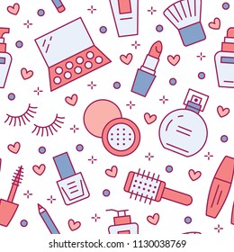 Makeup beauty care red seamless pattern with flat line icons. Cosmetics illustrations of lipstick, mascara, perfume, eyeshadows, nail polish. Cute pink repeated wallpaper signs make up store.