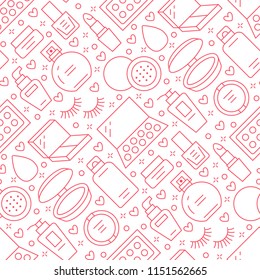 Makeup beauty care red seamless pattern with flat line icons. Cosmetics illustrations of lipstick, mascara powder, eyeshadows, foundation nail polish. Cute pink repeated wallpaper signs make up store.