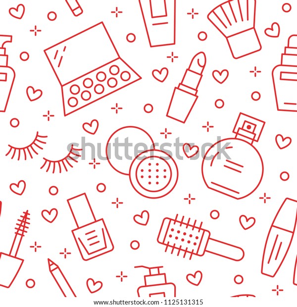 メイクアップ美容は 赤いシームレスなパターンと平らな線のアイコンを表します 口紅 マスカラ 香水 アイエシャドウ マニキュアの化粧品イラスト かわいい ピンクの壁紙の看板店 のベクター画像素材 ロイヤリティフリー