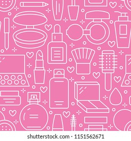 Makeup beauty care red white seamless pattern with flat line icons. Cosmetics illustrations of lipstick, mascara, eyeshadows, foundation nail polish. Cute pink repeated wallpaper signs make up store.