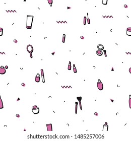 Makeup beauty care seamless pattern in memphis style. Fashion background in 90s 80s. Beauty products: lipstick, mascara, perfume, eyeshadows. Cosmetics illustrations in minimal design.