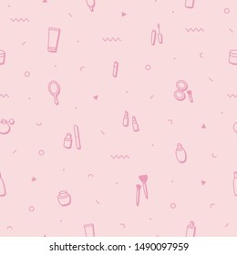 Makeup beauty care seamless pattern in memphis style. Fashion background in 90s 80s. Beauty products: lipstick, mascara, perfume, eyeshadows. Cosmetics illustrations in minimal design.