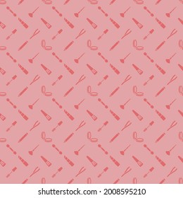 Makeup beauty care seamless pattern with flat icons. Cosmetic illustrations of lipstick, mirror, blush, mascara, nail polish, eyeshadows. Repeated wallpaper signs, to use on prints, packaging, banners