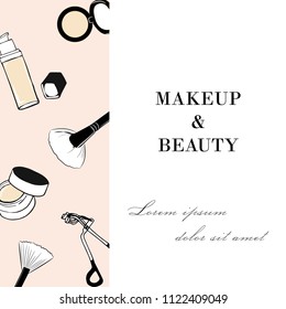 Makeup & beauty Cosmetics product poster. Makeup accessories set. Cosmetics promotion flyer with place your text. Brushes, foundation, powder, blush, eyelash curling, concealer. For beauty salon, shop