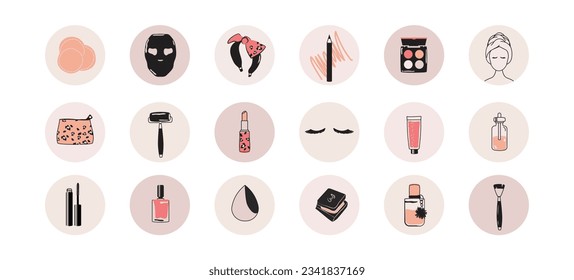 make-up beauty cosmetics product vector line illustration icon set feminine skin care products and tools brush cream lipstick mascara oil gel nail polish