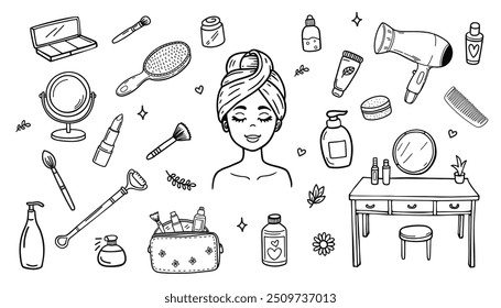 Makeup and beauty doodle set. Beauty doodle background. Vector illustration. 