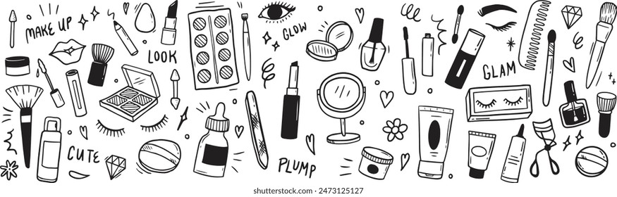 Makeup and beauty doodle set: hand drawn cosmetic elements vector collection