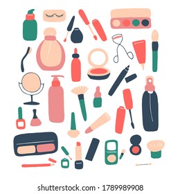  Maquillaje y elementos de belleza. Cosméticos y decoraciones para el cuidado de la piel. Ilustración del vector del doodle dibujado a mano