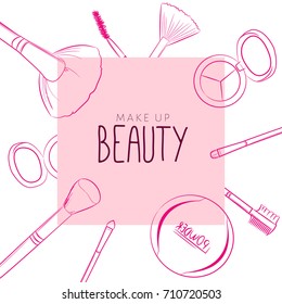 Makeup beauty emblem, logo, banner with type design and cosmetics. Makeup objects: make up brushes, eyebrow brushes, eyeshadow, blush, powder, bows, Accessories, Equipment, Beauty, Facial, Fashion