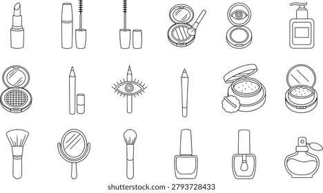 Makeup beauty hand drawn icon collection with lipstick brush perfume cosmetics