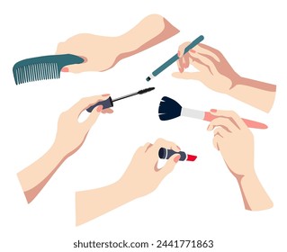 Makeup and beauty, hand icons set. Hand holds comb, lipstick, brushes for blush and eye shadow, mascara. Makeup artist and hairdresser arms set. Isolated vector illustration