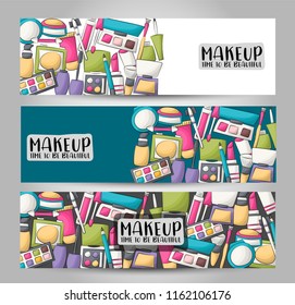 Makeup and beauty horizontal banner set. Cute header for invitation, advertisement, web page. Hand drawn cartoon style design concept. Vector illustration.