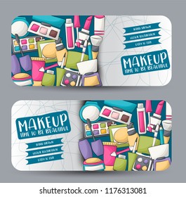 Makeup and beauty horizontal banner set. Cute header for invitation, advertisement, web page. Hand drawn cartoon style design concept. Vector illustration.