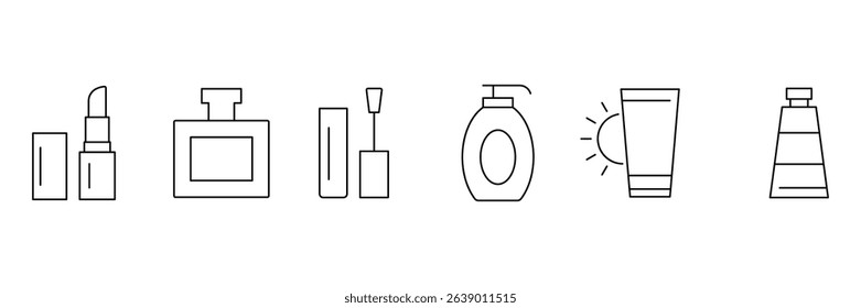 Makeup beauty product container tube bottle lipstick perfume brush lotion pump sunscreen pack icon vector illustration set design.