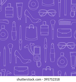 MakeUp and beauty products fashion seamless pattern: sunglasses, cosmetic, perfume, brush, lipstick, cream, bag; contour vector illustration on violet background