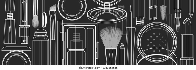 Makeup beauty products illustration. White linear contour cosmetic tools isolated on black background. Advertising decorative horizontal banner. Minimalist vector pattern.