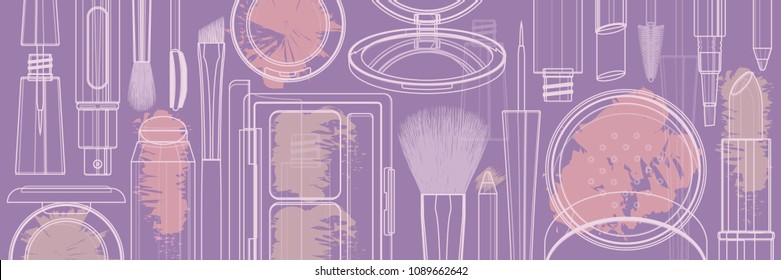 Makeup beauty products illustration. White linear contour cosmetic tools with colorful swatches isolated on violet background. Advertising decorative banner. Hand drawn vector pattern.