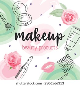 Makeup beauty products pink green banner