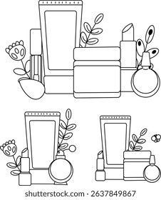 Makeup and beauty products, top view of cosmetic mock-ups composition set. Vector graphic line illustration. Black and white cosmetic makeup art. For poster, flyer, banner, invitation, sale
