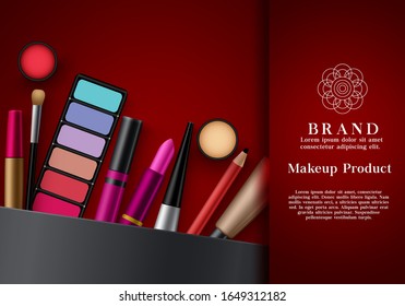 Schminken Sie die Vektorillustration der Kosmetikprodukte. Fashion Beauty Kosmetik auf elegantem rotem Hintergrund für Werbebanner. Vektorillustration 