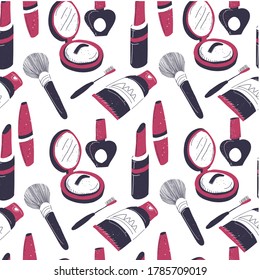 Makeup and beauty products for women, seamless pattern. Cosmetics for females, powder with mirror, nail polish and brushes, lotion used as foundation, mascara and lipstick, vector in flat style