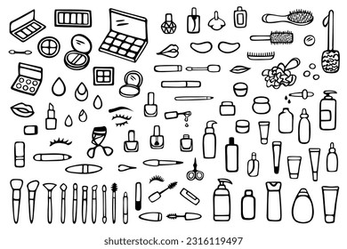 Make-up, beauty routine set, doodle style. Vector collection of hand drawn elements: eyeshadow; palette; bottle; brush; lotion; mascara; pencil, lipstick; sponge; cream; moisturizer and others.