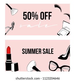 Makeup & beauty Sale Banner Vector Illustration. Set of flyers with hand drawn cosmetics on pink background: powder, blush, eyelash curling, brush, eyelashes, lipstick, glasses, shoes.