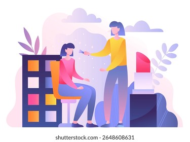 Maquiagem em salão de beleza. A mulher aplica maquiagem no rosto dos clientes. Maquiador e visagista. Procedimentos de beleza. Estética e elegância. Paleta e batom. Ilustração de vetor plano