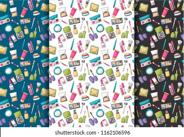Makeup and beauty seamless pattern. Colorful girly and childish decor repeat background. Hand drawn cartoon style design concept. Vector illustration.