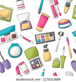 Makeup and beauty seamless pattern. Colorful girly and childish decor repeat background. Hand drawn cartoon style design concept. Vector illustration.