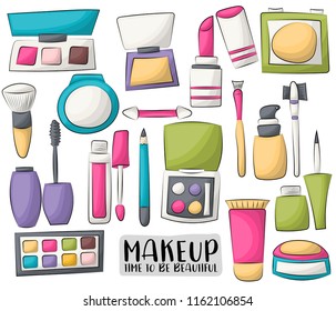 Makeup and beauty set of icons and objects. Hand drawn cartoon style design concept. Vector illustration.