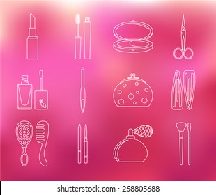 Makeup and beauty set of linear icons on pink blurred background. Element collection: mascara, powder, hairpin, mirror, comb, cosmetic bag, nail file, scissors, nail polish, lipstick, eyeliner.