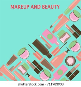 MakeUp and beauty Symbols, Cosmetics and fashion background with objects: lipstick, cream, brush and place for your text. Beauty store background  