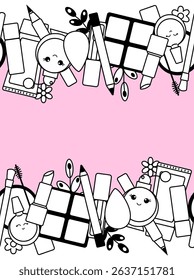 Makeup beauty tools kawaii seamless border horizontal frame template Vector graphic line illustration. Black and white cute cosmetic makeup art. background for banners, t-shirt printing.

