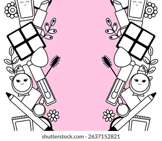 Makeup beauty tools kawaii seamless border vertical frame template Vector graphic line illustration. Black and white cute cosmetic makeup art. background for banners, t-shirt printing.
