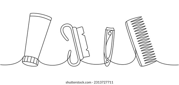 Makeup and beauty tools one line continuous drawing. Cosmetic cream, nail tongs, manicure brush, hair comb continuous one line illustration.