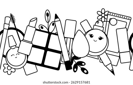 Makeup beauty tools Seamless horizontal border. Vector graphic line illustration. Black and white cute cosmetic makeup art. background for banners, print for fabric, labels, t-shirt printing.
