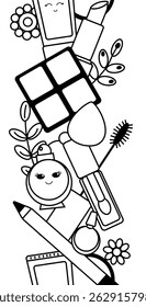 Makeup beauty tools Seamless Vertical border. Vector graphic line illustration. Black and white cute cosmetic makeup art. background for banners, print for fabric, labels, t-shirt printing.
